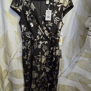 London Times Black Midi Wrap Dress with Gold Floral Accents